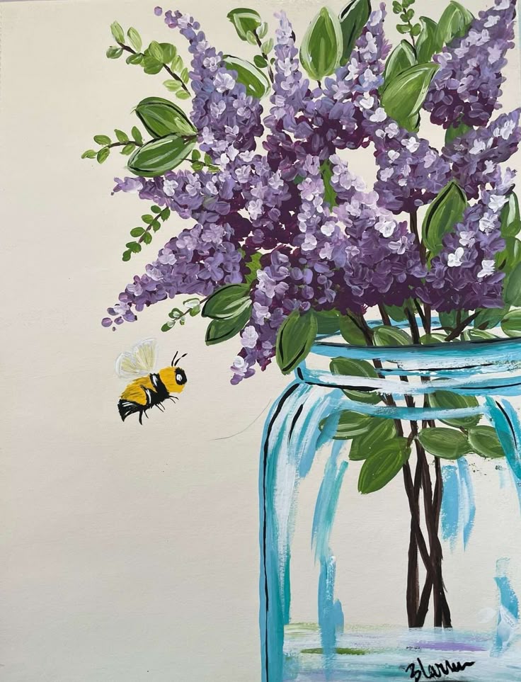 Painting of a bee on lavender flowers
