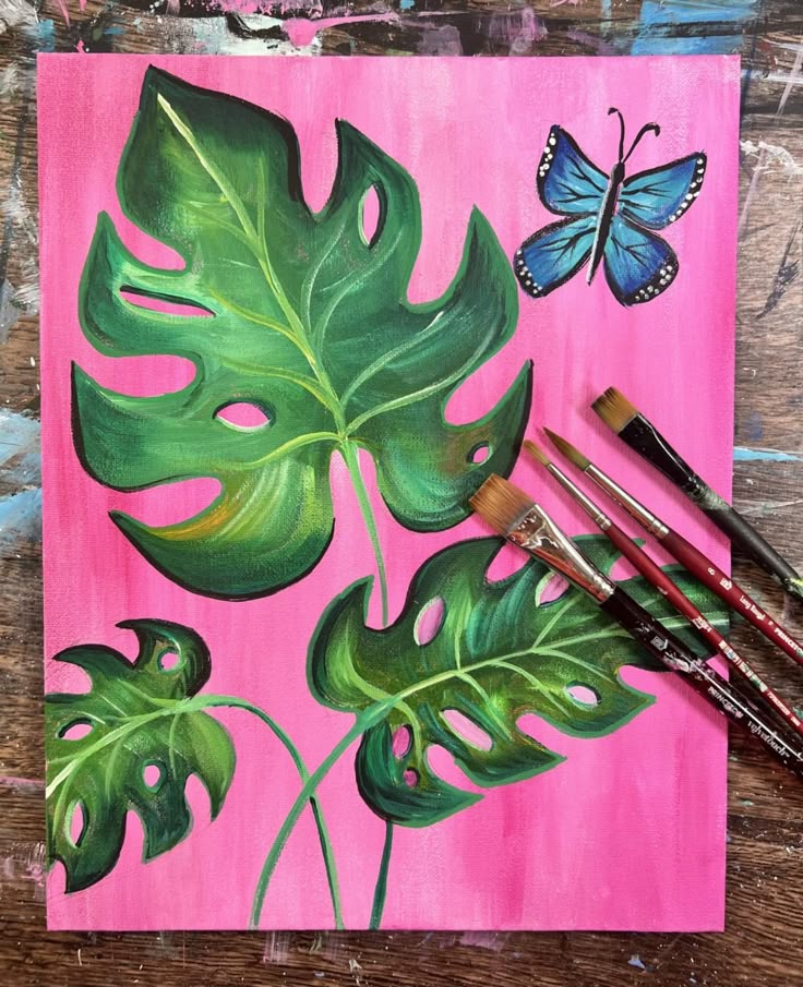 Painting of a green Monstera plant leaf